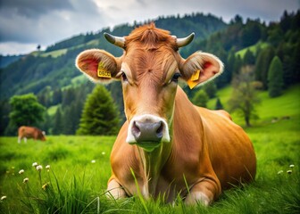 A serene cow in a lush green meadow gazes calmly into the distance, its mouth slowly moving as it contentedly chews its cud.