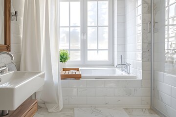 Obraz premium A clean and tidy bathroom with white tiles, a bathtub in the center of the room, a wooden tray on top to hold items, 