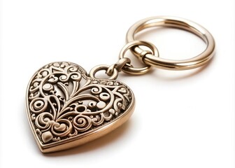 Small, delicate heart-shaped keychain with intricate details and smooth metallic finish hangs from a silver chain, symbolizing love and affection in a charming, everyday accessory.