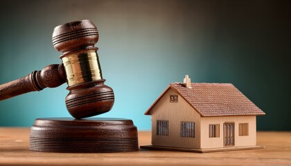 Legal Decisions in Property: Gavel and Model House on Wooden Table"