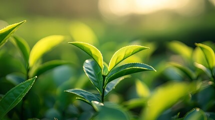 Green tea tree leaves field young tender bud herbal Green tea tree in camellia sinensis organic farm. Close up Fresh Tree tea plantations mountain green nature in herbal farm.