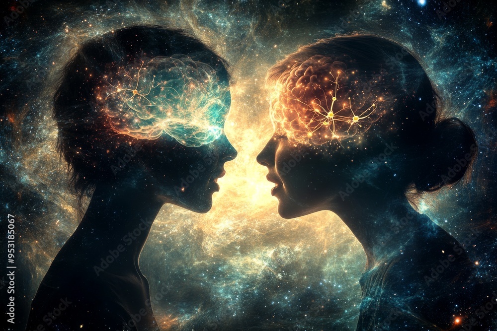 Poster cosmic profiles with swirling brain galaxies symbolizing the boundless potential of thoughts and ima
