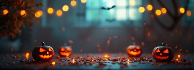 Spooky Halloween Scene with Jack-o'-Lanterns and Falling Leaves: Autumn Mood