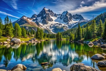 Fototapeta premium Snow-capped mountain peaks rise majestically above a serene alpine lake surrounded by lush green forests and rugged granite boulders under a crystal-clear blue sky.