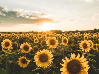 Obraz premium Golden Glow: Capturing the Beauty of a Sunflower Field at Sunset