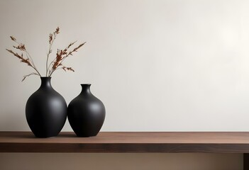 Two black ceramic vases on a wooden shelf against a plain background.