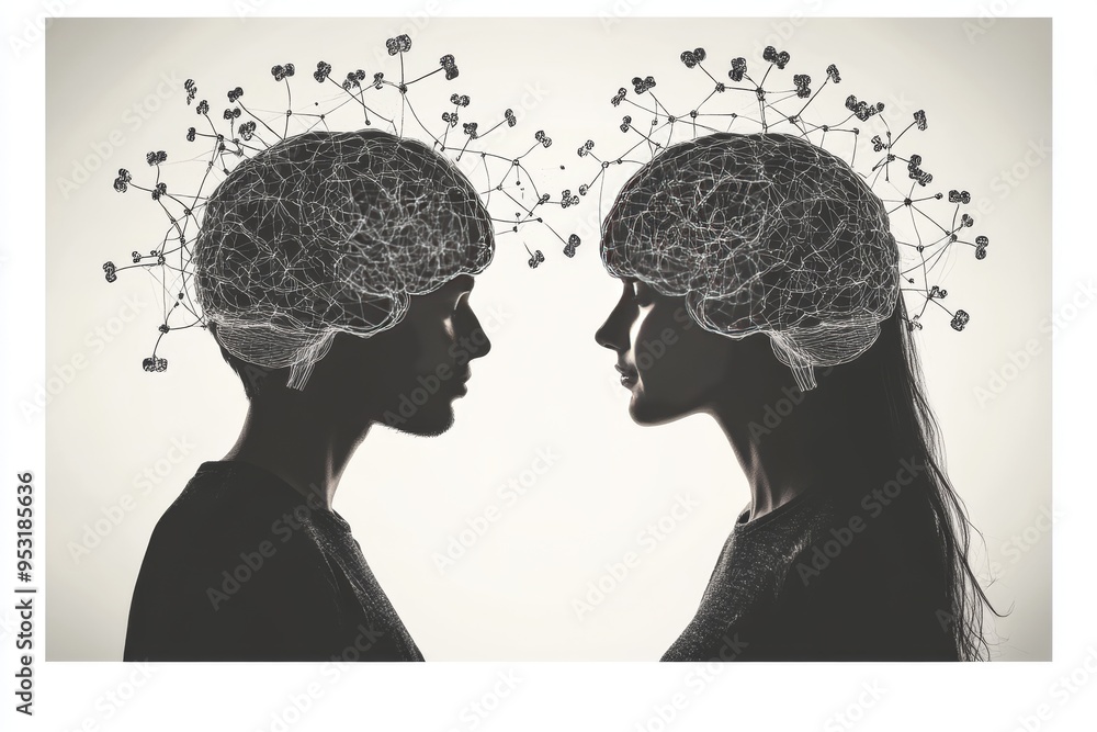 Poster monochromatic profile portraits with tree brains symbolizing the deep rooted nature of thoughts and 