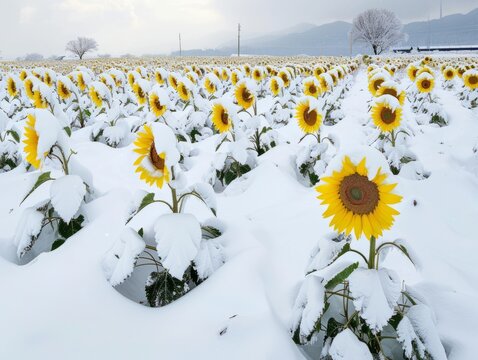 Snowy Surprise: A Stunning Sunflower Field in Akeno, Hokuto-city, Yamanashi, Japan