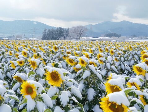 Snowy Sunflower Field in Akeno, Hokuto-city: An Unusual Winter Scene in Yamanashi, Japan