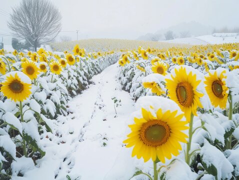 Sunflower Wonderland: A Rare Snowy Scene in Akeno, Hokuto-city, Yamanashi