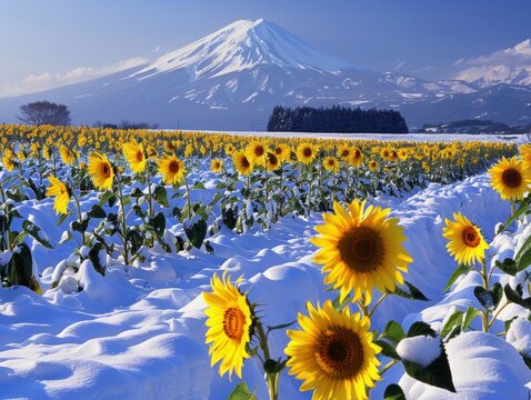 Frozen Beauty: The Snow-Covered Sunflower Field of Akeno, Hokuto-city, Yamanashi, Japan