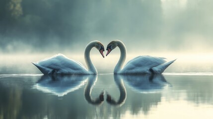 A pair of swans gliding gracefully across a lake, their necks forming a heart shape, representing love and fidelity in nature.