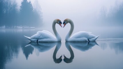 A pair of swans gliding gracefully across a lake, their necks forming a heart shape, representing love and fidelity in nature.