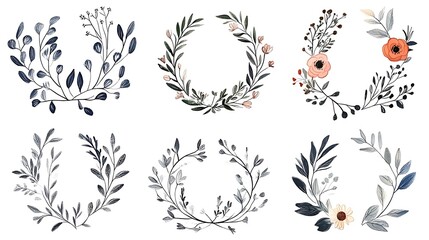 Fototapeta premium Minimalistic botanical wedding frame elements, including wreaths, flowers, and leaf branches in a hand-drawn pattern