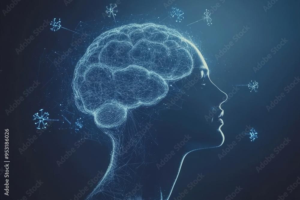 Poster blue neural networks forming a profile symbolizing the complex interconnections of thoughts and idea