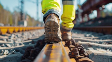 A person walks along the railway tracks in a serene environment