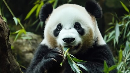 Obraz premium A panda bear munching on bamboo, showcasing the gentle and endearing qualities of this beloved animal.