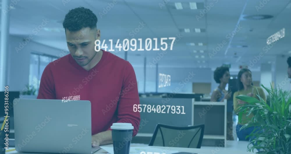 Poster typing on laptop, man surrounded by floating numbers animation in office