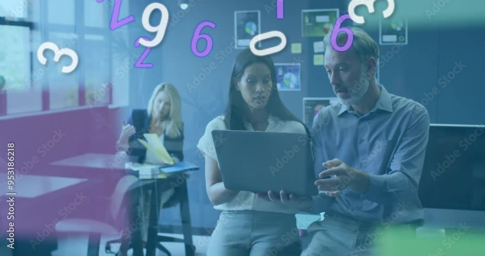 Poster discussing work on laptop, colleagues in office with floating numbers animation
