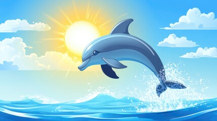 Obraz premium A playful cartoon dolphin jumping out of the water, splashing in the ocean, with a bright sun in the sky.
