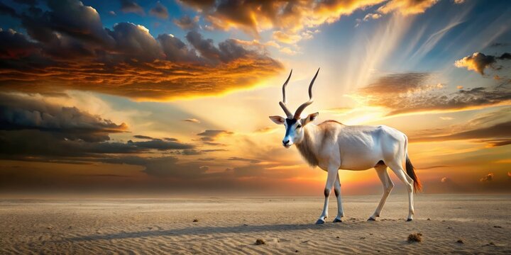 Tranquil Scene Showcasing A Majestic Addax Antelope Standing Alone In The Vast Desert With Beautiful Sunset Colors In The Sky