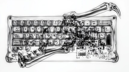 Obraz premium An abstract image of a keyboard showing mechanical complexity and skeletal elements, blending technology and anatomy.