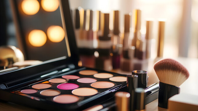 Makeup palette with a variety of colorful eyeshadows and a makeup brush, surrounded by beauty products on a dressing table, illuminated by soft, warm lighting