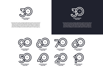Set 10 20 30 to 90 years anniversary template design