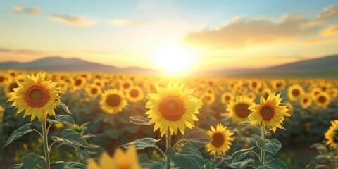 Fototapeta premium A sunset with a beautiful sky and a field of flowering sunflowers.
