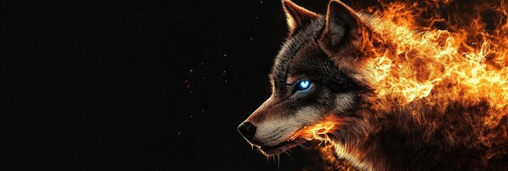 A black backdrop with an image of a blue-eyed wolf with flames surrounding its face in the foreground.