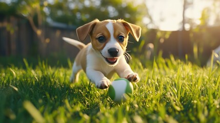 A playful puppy chasing a ball in a grassy park, capturing the joy and energy of a young dog in motion