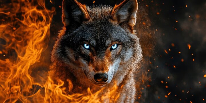 A black backdrop with an image of a blue-eyed wolf with flames surrounding its face in the foreground.