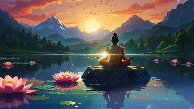 illustration of a buda meditating in a lake, smooth looping video 4k.