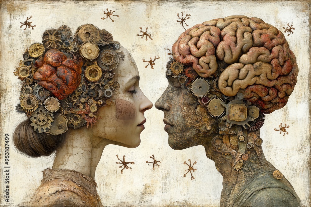 Poster steampunk style profile portraits with mechanical brains symbolizing the intricate connection betwee
