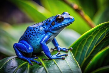 Obraz premium Vibrant blue poison dart frog perches on a lush green leaf, its toxic secretions glistening on its back, amidst a misty rainforest environment.