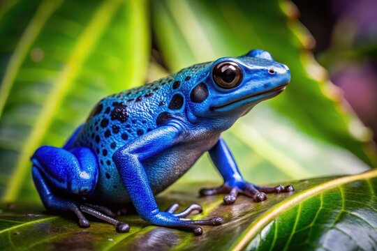 Vibrant blue poison dart frog perches on a leaf in a humid rainforest, showcasing its bright warning coloration and toxic secretions in a natural setting.