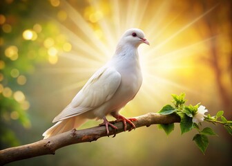 Fototapeta premium A serene white dove perches on a delicate branch, feathers softly illuminated by warm sunlight, conveying peace, hope, and harmony in a serene natural setting.