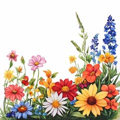 Vibrant watercolor painting of a diverse array of wildflowers in full bloom, set against a white background with green foliage.