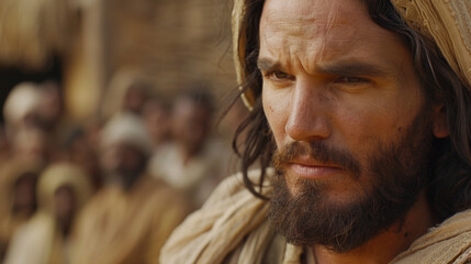 Obraz premium A close-up of Jesusâ compassionate gaze as He looks at someone in need while preaching, showing His empathy.