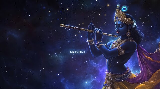 God Krishna with flute. Inscription "KRISHNA"