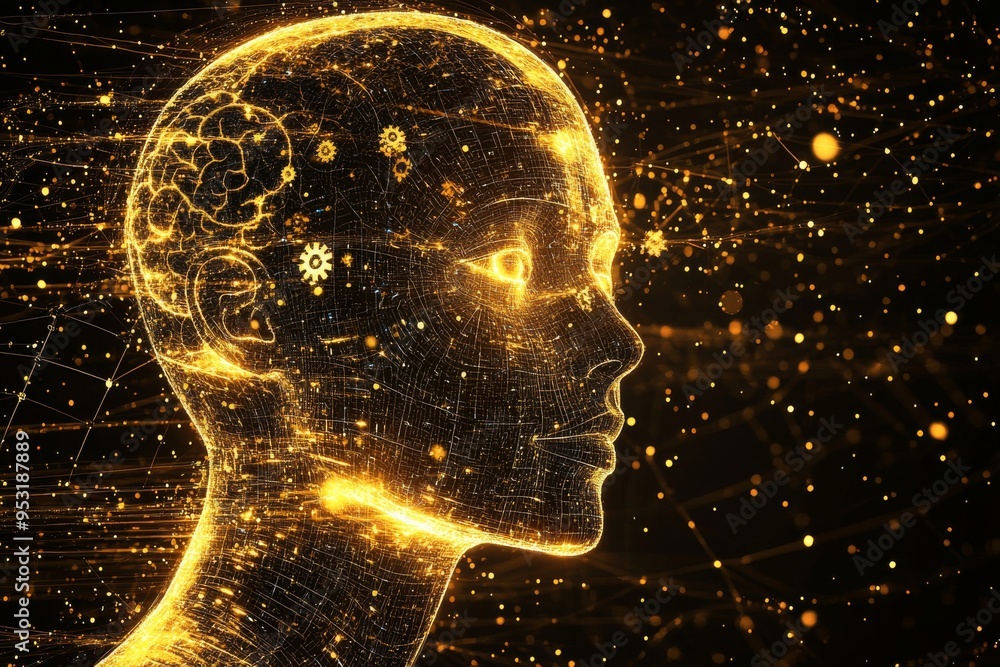 Poster golden neural networks illuminating a profile symbolizing the brilliance of thoughts and intellect i