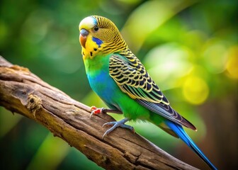 Vibrant Budgie Perched On A Wooden Branch, Its Cheerful Plumage Contrasting Against The Natural Background.