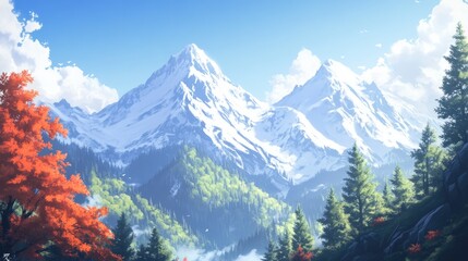 A serene anime mountain scene, with snow-capped peaks and a gentle breeze blowing through the trees.