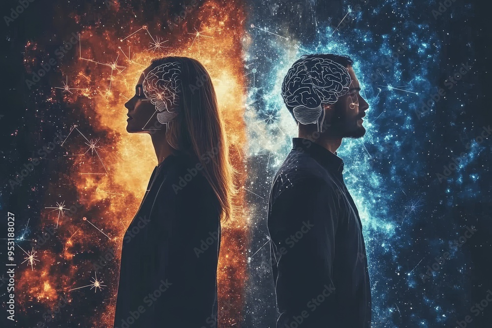 Poster silhouetted couple facing each other with contrasting brain colors symbolizing the intellectual and 