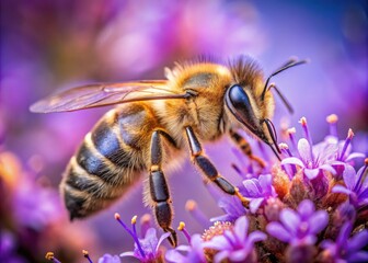 Vibrant close-up of a curious honey bee sipping nectar from a delicate purple flower, its fuzzy body and intricate wings a blur of busy activity.