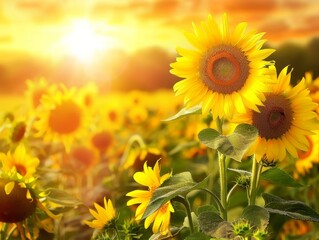Obraz premium Sunkissed Sunflower Serenity: A Stunning Field at Sunset