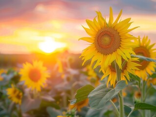 Suntastic Sunset: A Stunning Field of Yellow Sunflowers in Full Bloom