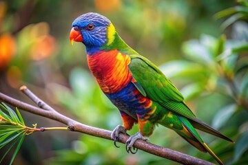 Naklejka premium Vibrant, Colorful Lorikeet Perched On A Branch, Displaying Its Iridescent Plumage