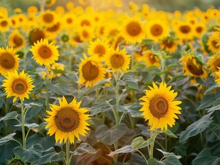 Fototapeta premium Golden Hour Glows: A Glimpse into the Sunflower Fields at Sunset