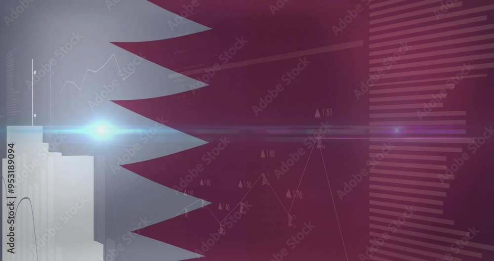 Poster financial data processing animation over abstract shapes and graphs